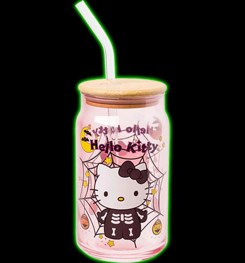 Hello Kitty Halloween Spooky Skeleton Costume Pink Lavender Glass Jar Tumbler