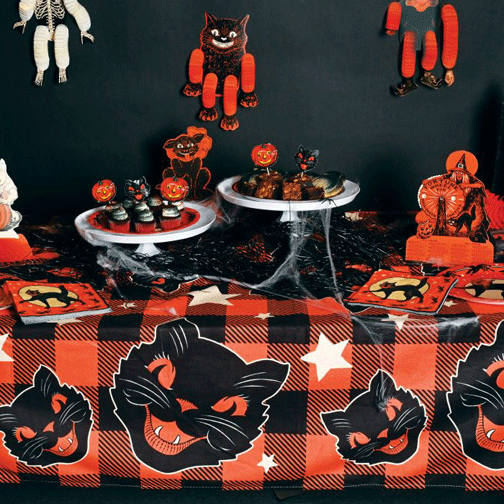 Vintage Halloween Fabric Plaid Cat Tablecover