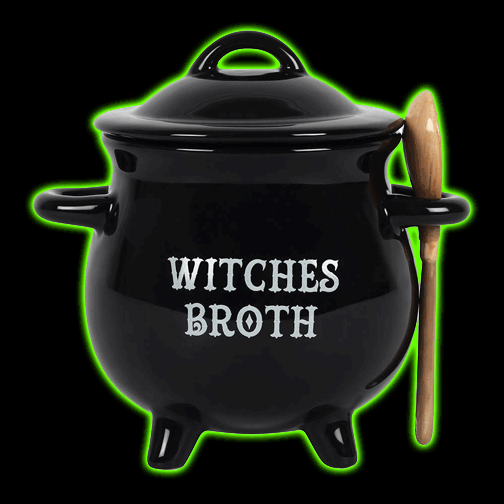 WITCHES BROTH CAULDRON BOWL W/ BROOM SPOON