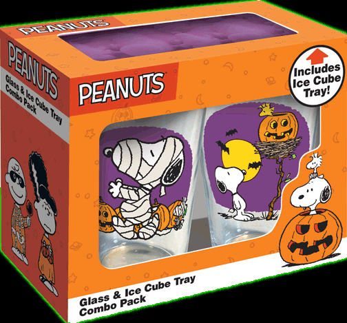 Peanuts Snoopy & Woodstock Spooky Halloween 16 oz Glass and Ice Cube Tray Combo