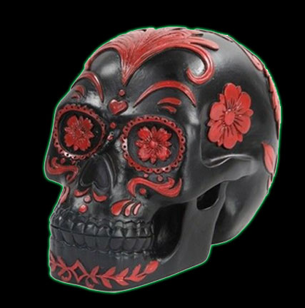 Black and Red Floral Day of The Dead Skull Figurine