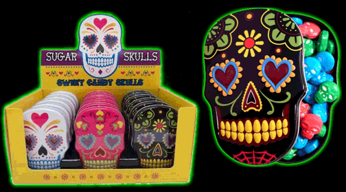 Day of the Dead Sugar Skulls candy in skull tins