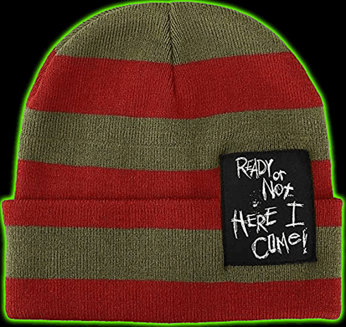 Nightmare On Elm Street Ready Or Not Here I Come Woven Label Striped Cuffed Beanie Green