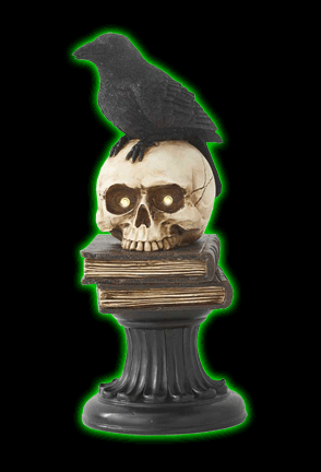 Crow on LED Skull and Books Pedestal