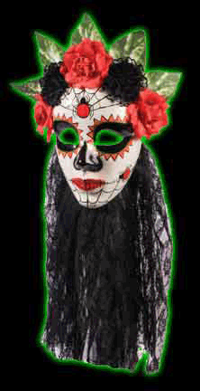 Day of the Dead Senora Flowers and Long Black Lace Mask