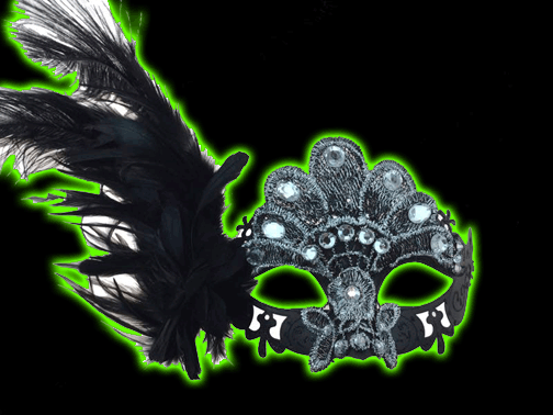 Venetian mask black with white trim and jewels, black feather