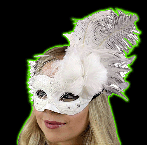 White lace mask with feather