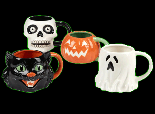 Scaredy Cat Vintage Halloween Four 22 oz. 3-D Mug Set.