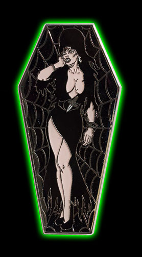 Elvira Coffin Black Glitter Enamel Pin