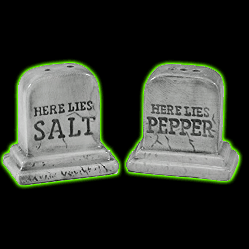 HERE LIES SALT AND PEPPER CERAMIC TOMBSTONE  SHAKER SET