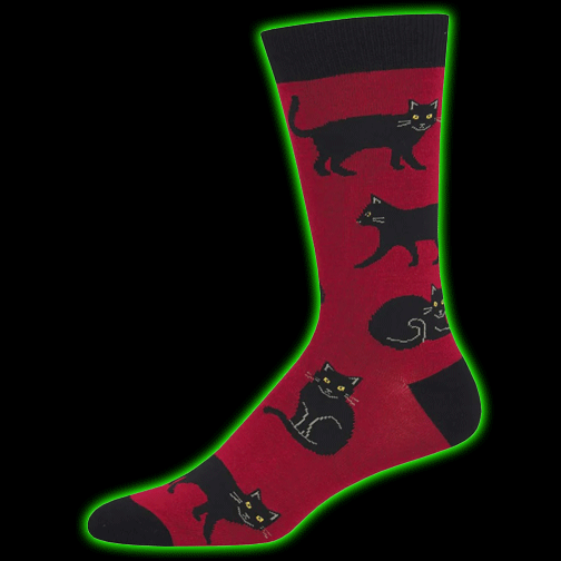 MENS BLACK CATS ON RED CREW SOCKS