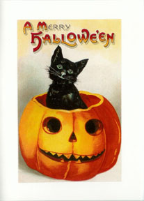 Cat w. pumpkin vintage style Halloween card HW-05
