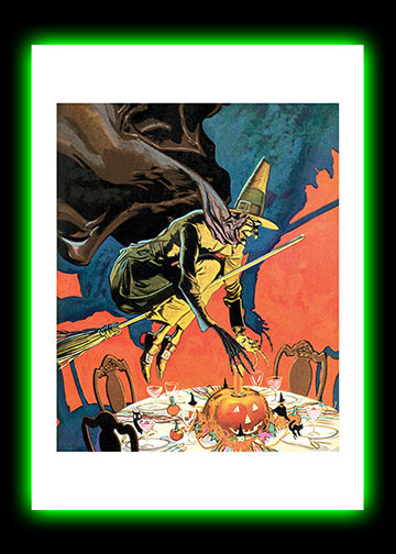 Witch On A Broomstick Hovering Over A Halloween Party Table Blank Notecards