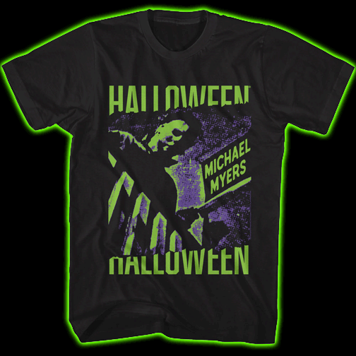 Halloween Michael Myers on Stairs Green and Purple T-Shirt