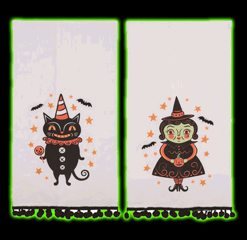 Johanna Parker Cotton Witch/Black Cat Embroidered Tea Towel Set