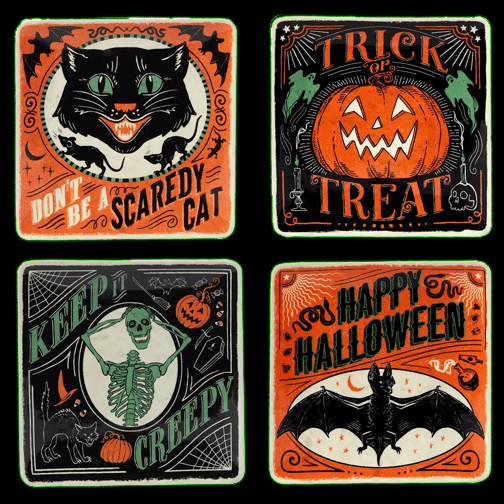 Scaredy Cat Vintage Halloween Dessert Plate 8.5 Inch Set of Four