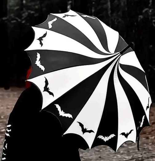 Batty Black and White Striped Batwing Pagoda Gothic Umbrella