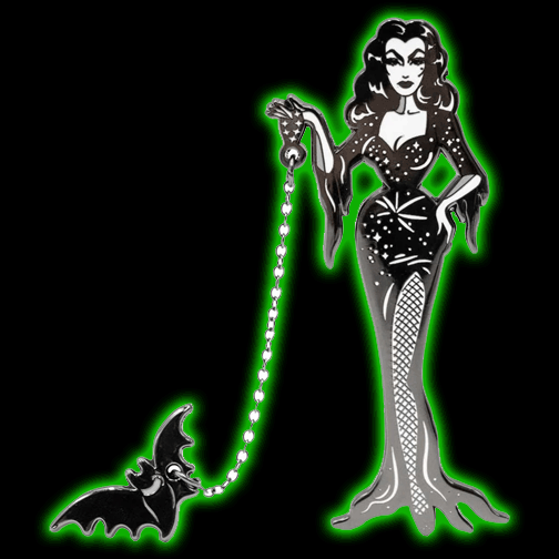 Vampira With Flying Bat Enamel Pin