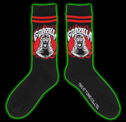 GODZILLA FLAMING MONSTER MENS BLACK CASUAL CREW SOCKS