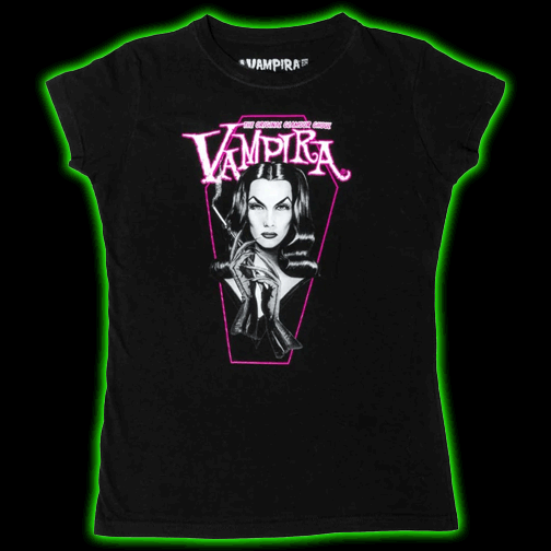 Vampira Pink Coffin Womens T-Shirt