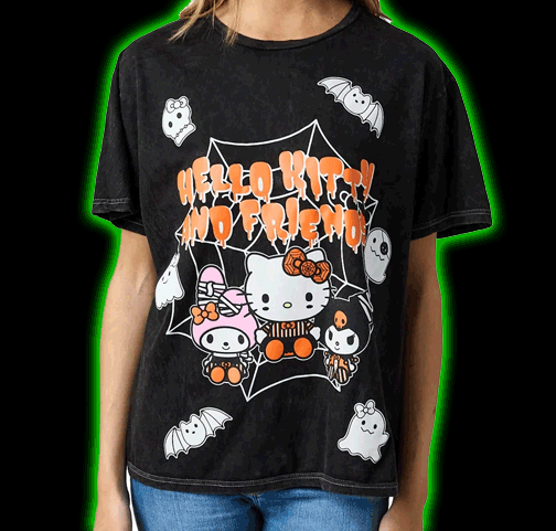HELLO KITTY HALLOWEEN SPIDERWEB WOMENS TEE ON BLACK MINERAL WASH